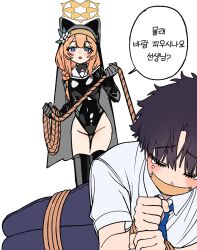 1boy 1girl alternate_costume bdsm black_hair black_leotard black_thighhighs blue_archive blue_eyes bondage bound halo je_o_mo justina_follower_(blue_archive) justina_follower_(blue_archive)_(cosplay) korean_text leotard orange_hair orange_halo rope sensei_(blue_archive) shirt simple_background tape tears thighhighs veil white_background white_shirt