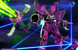 ammotu arm_cannon battle beam_cannon cable claws commentary deviantart_username emblem energy_field english_commentary fake_screenshot firing glowing glowing_eye gundam gundam_unicorn highres lens_flare machinery mecha mecha_focus mobile_suit nebula neo_zeon no_humans one-eyed photoshop_(medium) robot roundel rozen_zulu science_fiction signature space star_(sky) weapon zero_gravity