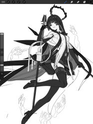 1girl absurdres arknights art_program_in_frame ascot belt belt_pouch blunt_bangs bow_(music) breasts bright_pupils capelet cello chinese_commentary commentary_request detached_wings disembodied_hand elbow_gloves energy_wings floating foot_out_of_frame garter_straps gloves greyscale halo hand_up high_heels highres hime_cut holding holding_bow_(music) holding_instrument instrument kumatangent lace lace-trimmed_skirt lace_trim leg_up legs long_hair looking_at_viewer medium_breasts miniskirt monochrome parted_lips pouch procreate_(medium) procreate_(software) simple_background skirt smile solo spiked_halo straight_hair thighhighs too_many_hands very_long_hair virtuosa_(arknights) white_background wings zettai_ryouiki