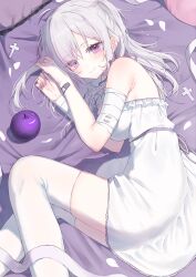 1girl apple bandaged_arm bandages bandaid bandaid_on_arm bed_sheet breasts closed_mouth cross dress food fruit highres long_hair lying medium_breasts mole mole_under_eye nail_polish on_side original petals purple_eyes purple_nails riri_(ri0177) smile solo thighhighs two_side_up white_dress white_hair white_thighhighs