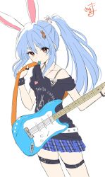 Rule 34 | 1girl, animal ear fluff, animal ears, belt, belt buckle, black belt, black shirt, blue hair, blue skirt, buckle, character name, closed mouth, clothes writing, commentary request, don-chan (usada pekora), electric guitar, guitar, hair between eyes, hair ornament, hands up, highres, holding, holding instrument, hololive, instrument, kiritoma, long hair, looking at viewer, mouth hold, off shoulder, plaid clothes, plaid skirt, pleated skirt, plectrum, ponytail, rabbit-shaped pupils, rabbit ears, red eyes, shirt, short eyebrows, short sleeves, signature, simple background, skindentation, skirt, solo, spikes, symbol-shaped pupils, thick eyebrows, thigh belt, thigh strap, usada pekora, very long hair, virtual youtuber, white background