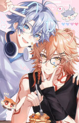 2boys :d absurdres antenna_hair arm_tattoo black_shirt blonde_hair blue_eyes blue_shirt blush braid chest_tattoo chimera_(honkai:_star_rail) commentary drawn_ears ear_piercing facial_tattoo food fork glasses gradient_background gradient_hair hair_between_eyes hair_ornament hand_on_another&#039;s_shoulder headphones headphones_around_neck heart highres holding holding_fork honkai:_star_rail honkai_(series) leaning_on_person linlinzi195 looking_at_viewer male_focus medium_hair multicolored_hair multiple_boys mydei_(honkai:_star_rail) notice_lines open_mouth pancake pancake_stack parted_lips phainon_(honkai:_star_rail) piercing pink_background polka_dot polka_dot_background red_hair red_tattoo shirt short_hair side_braid sleeveless sleeveless_shirt smile spoken_heart sticker sticker_on_face symbol-only_commentary tattoo v white_background white_hair white_shirt x_hair_ornament yellow_eyes