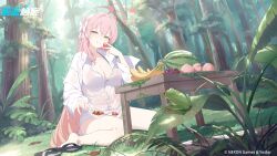 1girl absurdres ahoge alternate_costume bikini bikini_under_clothes blue_archive bow braid breasts cleavage closed_eyes commentary_request food forest frog fruit green_eyes hair_between_eyes hair_bow hanako_(blue_archive) hanako_(swimsuit)_(blue_archive) highres holding holding_food holding_fruit huge_ahoge large_breasts long_hair looking_at_viewer nature official_alternate_costume on_grass outdoors pink_hair sandals shirt side_braid single_braid sitting smile soeyumi strawberry swimsuit table thighs unworn_sandals wariza watermelon white_bow white_shirt wooden_table