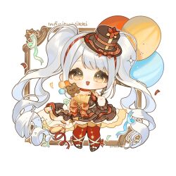 Rule 34 | 1girl, absurdly long hair, ankle bow, ankle ribbon, argyle bra, argyle clothes, balloon, bare shoulders, black hat, black wrist cuffs, bow, brown bow, brown dress, brown eyes, brown shoes, chibi, chinese commentary, choker, clenched hands, commentary request, confetti, copyright name, dance till dawn (infinity nikki), dress, drill hair, eeeestella, eyelashes, footwear bow, frilled dress, frilled wrist cuffs, frills, green ribbon, hairband, hat, hat ribbon, highres, holding, holding balloon, infinity nikki, leg ribbon, light blush, light particles, long hair, mini hat, mini top hat, neck ribbon, nikki (series), open mouth, outline, pantyhose, picture frame, red bow, red choker, red hairband, red pantyhose, red ribbon, ribbon, shoes, short dress, signature, simple background, smile, solo, sparkle, sparkling eyes, standing, strapless, strapless dress, striped bow, striped clothes, striped hairband, stuffed animal, stuffed toy, tareme, teddy bear, top hat, twin drills, twintails, two-tone wrist cuffs, very long hair, white background, white bow, white hair, white outline, white wrist cuffs, wrist bow, wrist cuffs