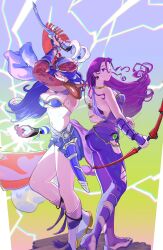 2girls ass asymmetrical_clothes back bandana blue_eyes blue_hair boots bow bow_(weapon) bra breasts cleavage dagger elbow_gloves final_fantasy final_fantasy_ii full_body gloves highres holding holding_bow_(weapon) holding_dagger holding_knife holding_weapon jewelry knife knife_sheath knife_sheath lightning maria_(ff2) medium_breasts midriff multiple_girls necklace object_through_head pirate purple_hair purple_nails reila sheath stomach tokumei_wombat underwear weapon