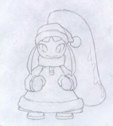 1girl big_hair buttons clenched_hands closed_mouth clothed_pokemon creatures_(company) dress extra_mouth female_focus flat_chest full_body fur-trimmed_dress fur-trimmed_hat fur_collar fur_trim game_freak gen_3_pokemon gloves greyscale hands_up hat lineart long_hair long_sleeves looking_at_viewer mawaifu mawile mittens monochrome nintendo pokemon pokemon_(creature) pom_pom_(clothes) santa_costume santa_dress santa_hat sharp_teeth shoes sidelocks simple_background solo standing straight-on teeth traditional_media very_long_hair white_background winter_clothes