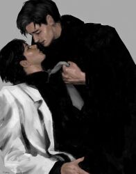 2boys black_coat black_hair black_shirt clothes_grab coat grey_necktie hair_slicked_back highres imminent_kiss kim_dokja looking_at_another macaronijail male_focus multiple_boys necktie necktie_grab neckwear_grab omniscient_reader&#039;s_viewpoint pulling_another&#039;s_clothes shirt short_hair upper_body white_coat yaoi yoo_joonghyuk