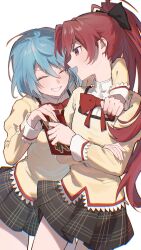 2girls ^_^ absurdres arm_around_neck black_skirt blue_hair bow bowtie clenched_teeth closed_eyes cowboy_shot crossed_arms enioreh fang food hair_bow happy highres holding holding_food jacket juliet_sleeves long_hair long_sleeves mahou_shoujo_madoka_magica mahou_shoujo_madoka_magica_(anime) miki_sayaka mitakihara_school_uniform multiple_girls open_mouth plaid_clothes plaid_skirt pocky ponytail profile puffy_sleeves red_bow red_bowtie red_hair sakura_kyoko school_uniform short_hair simple_background skirt smile standing teeth white_background yellow_jacket
