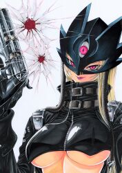 1girl beelstarmon black_mask black_shirt blonde_hair breasts bullet_hole cropped_shirt digimon digimon_(creature) eye_mask gun highres holding holding_gun holding_weapon large_breasts long_hair miura_satoru pink_eyes purple_lips shirt simple_background solo third_eye trigger_discipline underboob upper_body weapon white_background