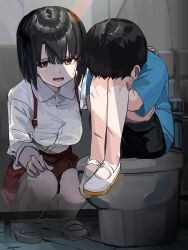 1boy 1girl black_hair blue_shirt crying funi_mu9 hanako-san_(toire_no_hanako-san) hand_on_another&#039;s_back highres indoors shirt skirt squatting suspender_skirt suspenders toilet toire_no_hanako-san transparent white_shirt