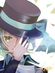 1girl artist_name ascot black_coat black_hat blue_bow boater_hat bow coat covering_one_eye grey_eyes grey_hair hand_on_headwear hand_up hat hat_bow highres looking_at_viewer portrait reverse:1999 shufoo signature solo vertin_(reverse:1999) white_ascot white_background