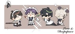 4boys absurdres ahoge animal_ears apron bird black_bird black_bow black_bowtie black_hair border bow bowtie broom brown_hair caleb_(love_and_deepspace) chibi closed_eyes crow dress full_body highres holding holding_broom holding_scissors long_sleeves looking_at_another love_and_deepspace maid maid_apron maid_headdress male_focus mei_yuji_kuai_qichuang_hua_hua mephisto_(love_and_deepspace) multiple_boys parted_bangs parted_lips purple_hair rabbit_ears rabbit_tail rafayel_(love_and_deepspace) scissors short_hair short_sleeves sitting sleeping standing sunglasses table tail white_apron white_border xavier_(love_and_deepspace) zayne_(love_and_deepspace)