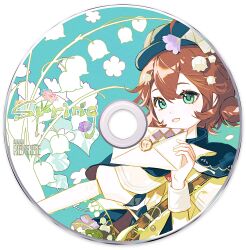 1girl :d album_cover aqua_background aqua_eyes bag black_cape black_hat brown_bag brown_hair cape cd coat copyright_name cover english_text envelope flower flutterpage hair_flower hair_ornament hand_up hat highres holding holding_envelope light176 lily_of_the_valley official_alternate_costume open_mouth reverse:1999 round_image shoulder_bag smile solo transparent_background upper_body white_coat white_flower