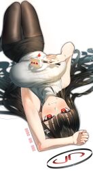1girl absurdres armpits black_hair black_pantyhose black_skirt blue_archive blush cake cake_slice food food_on_face fork halo highres holding holding_fork long_hair looking_at_viewer lying object_on_breast on_back pantyhose plate red_eyes ribbed_sweater rio_(blue_archive) skirt sleeveless sleeveless_sweater solo sweater turtleneck turtleneck_sweater walking_nakta white_sweater