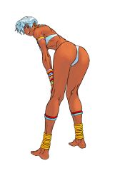 1girl anklet armlet ass bangle barefoot bent_over bikini blue_eyes bracelet breasts calflet cleavage dark-skinned_female dark_skin earrings elena_(street_fighter) from_behind game_cg grin hair_over_one_eye hand_on_own_hip hand_on_own_knee highres jewelry kneepits leaning_forward legs long_legs looking_at_viewer looking_back nail_polish neck_ring nishimura_kinu non-web_source official_art short_hair simple_background smile solo street_fighter street_fighter_iii_(series) swimsuit toned toned_female very_dark_skin white_background white_hair