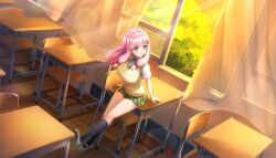 Rule 34 | 1girl, black socks, bow, bowtie, breasts, crosshair pupils, dolphin wave, green bow, green bowtie, green skirt, highres, large breasts, nacht (dolphin wave), non-web source, octopus hair ornament, official art, ootomo takuji, pink eyes, pink hair, plaid clothes, plaid skirt, sainan high school uniform, school uniform, skirt, socks, summer uniform, sweater vest, to love-ru, to love-ru darkness, twintails, vest, yellow sweater vest, yellow vest