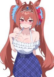 1girl absurdres animal_ears armpit_crease blue_skirt blush breasts bright_pupils brown_hair cleavage commentary_request daiwa_scarlet_(umamusume) fang frilled_shirt frills hair_intakes highres horse_ears horse_girl horse_tail large_breasts long_hair looking_at_viewer nose_blush off-shoulder_shirt off_shoulder oldsickkim pleated_skirt red_eyes shirt shirt_tucked_in simple_background skin_fang skirt solo tail tiara umamusume very_long_hair white_background white_pupils white_shirt