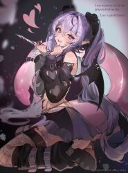 1girl artist_name ass bare_shoulders bat_wings belt belt_buckle black_boots black_nails black_sleeves black_wings blood blood_on_face blood_on_hands blood_on_leg blood_on_mouth blood_on_stomach bloody_knife bloody_weapon blush boots buckle cetacean_tail character_name clothing_cutout commentary commission copyright_notice crossed_bangs detached_sleeves double-parted_bangs ear_piercing english_commentary english_text fins fish_tail fishnet_thighhighs fishnets hair_between_eyes hair_ornament hairclip hands_up heart heart-shaped_pupils heart_cutout highres index_finger_raised indie_virtual_youtuber knife long_hair looking_at_viewer lounette miniskirt narwhal_girl parted_lips piercing pink_pupils pink_tail pointy_ears purple_eyes purple_hair purple_nails purple_skirt skirt smile solo sprinkle_hershy sweat symbol-shaped_pupils tail thighhighs two-tone_nails very_long_hair virtual_youtuber weapon wing_piercing wings