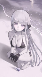 1girl barefoot beach bikini black_bikini black_gloves black_ribbon breasts cleavage commentary_request danganronpa:_trigger_happy_havoc danganronpa_(series) danganronpa_s:_ultimate_summer_camp gloves hair_ribbon head_tilt highres kirigiri_kyoko large_breasts long_hair navel purple_eyes purple_hair ribbon sand seashell shell shiton_(2016sanhime) solo stomach swimsuit toenails toes