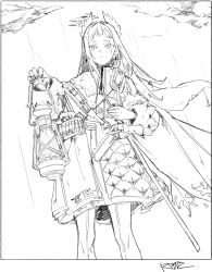 1girl :| arknights bandolier belt border bullet capelet closed_mouth cloud expressionless feet_out_of_frame floating_cape greyscale gun handgun head_wings highres holding holding_lantern irene_(arknights) lantern long_hair long_sleeves looking_at_viewer monochrome pantyhose quilted_jacket rain revolver ryne_25 scar scar_across_eye scar_on_face short_bangs sidelocks signature simple_background solo straight-on weapon white_background wind wings