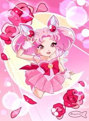 1girl adapted_costume back_bow bad_id bad_twitter_id bishoujo_senshi_sailor_moon boots bow bowtie bright_pupils brooch bubble bun_cover cartoonized chibi_usa child chocofish collarbone commentary cone_hair_bun crescent_moon double_bun english_commentary eyelashes fairy fingerless_gloves flower gloves hair_bun hand_on_own_head jewelry knee_boots leg_up leotard light_particles looking_at_viewer magical_girl medium_hair miniskirt moon open_mouth outline parody parted_bangs petals pink_background pink_boots pink_eyes pink_gloves pink_hair pink_leotard pink_sailor_collar pink_skirt pleated_skirt red_bow red_bowtie red_flower red_rose rose rose_petals sailor_chibi_moon sailor_collar short_twintails skirt smile solo strapless strapless_leotard style_parody teeth toon_(style) twintails twitter_username upper_teeth_only watermark white_outline white_pupils winx_club