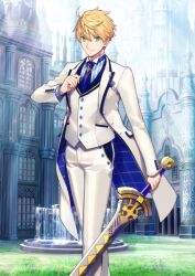 Rule 34 | 1boy, ahoge, arm at side, arthur pendragon (fate), arthur pendragon (white rose) (fate), blonde hair, blue necktie, blue shirt, buttons, coat, colored lapels, dress pants, dress shirt, excalibur (fate/prototype), fate/grand order, fate (series), feet out of frame, formal clothes, green eyes, hair between eyes, hand up, holding, holding sword, holding weapon, lapel chain, lapels, layered sleeves, legs together, long sleeves, male focus, nakahara (mu tation), necktie, official art, open clothes, open coat, pants, shirt, short hair, solo, standing, striped clothes, striped shirt, suit, sword, third-party source, tie clip, unbuttoned, vertical-striped clothes, vertical-striped shirt, vest, waistcoat, weapon, white coat, white pants, white suit, white vest, wingtip collar