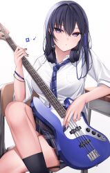 1girl absurdres alternate_costume bass_guitar black_hair black_nails black_socks blue_necktie bracelet crossed_legs desk empty_eyes hair_between_eyes headphones headphones_around_neck highres ichinose_uruha instrument jewelry looking_at_viewer lupinus_virtual_games multicolored_hair necktie on_chair plaid_clothes plaid_skirt pleated_skirt purple_eyes school_desk simoxia simple_background skirt socks solo streaked_hair virtual_youtuber vspo! white_background