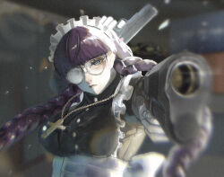 1girl apron black_dress black_hair black_lagoon braid dress gun holding holding_gun holding_weapon long_hair looking_at_viewer maid roberta_(black_lagoon) round_eyewear solo tora_toraoooo twin_braids weapon