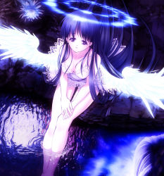 Rule 34 | 1girl, angel, bad id, bad pixiv id, blue hair, breasts, dress, female focus, flower, highres, long hair, looking up, original, purple eyes, solo, tom (1art.), very long hair, water, wings