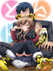 00s 1boy 1girl :3 aisaka_taiga animal_ears animal_hands blue_hair blush brown_hair closed_eyes fang happy hetero holding_hands long_hair maguta panties pantyshot school_uniform short_hair sitting sitting_on_lap sitting_on_person tail takasu_ryuuji thighhighs tiger_ears tiger_paws tiger_tail toradora! underwear