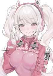 1girl absurdres alice_(nikke) animal_ear_headphones animal_ears bodysuit breasts bunny_headphones closed_mouth commentary eoboong fake_animal_ears gloves goddess_of_victory:_nikke headphones highres jacket latex latex_bodysuit long_hair looking_at_viewer pink_bodysuit pink_eyes pink_gloves pink_jacket shrug_(clothing) signature simple_background smile solo twintails two-tone_gloves upper_body v white_background white_gloves white_hair
