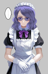 ... 1boy akr_(tvfz2233) alternate_costume apron black_dress bow bowtie closed_mouth collared_dress commentary_request dress enmaided frown gloves grey_background long_hair lucian_(pokemon) maid maid_headdress male_focus nintendo own_hands_together pokemon pokemon_dppt purple_bow purple_bowtie short_sleeves solo spoken_ellipsis sunglasses swept_bangs white_apron white_gloves