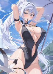 Rule 34 | 1girl, bikini, bikini under clothes, bird, black one-piece swimsuit, blue eyes, blush, breasts, center opening, clothing cutout, highres, large breasts, mouth hold, navel, navel cutout, one-piece swimsuit, original, ponytail, sg (satoumogumogu), shion alfine (satoumogumogu), smile, swimsuit, white bikini, white hair