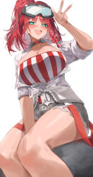 +_+ 1girl :d absurdres alternate_breast_size black_survival blue_eyes blush breasts choker cleavage embarrassed eternal_return:_black_survival goggles goggles_on_head grey_choker highres justyna_(black_survival) large_breasts long_hair looking_at_viewer multicolored_hair nose_blush open_mouth red_hair ryu_(yanagi) shirt simple_background smile solo streaked_hair sweat teeth thighs upper_teeth_only w white_background white_hair white_shirt