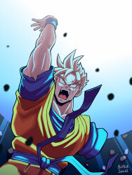 1boy amputee blonde_hair blue_eyes butter_sugoi commentary dougi dragon_ball dragonball_z energy_ball english_commentary genki_dama highres male_focus open_mouth scar scar_across_eye scar_on_face signature solo son_gohan son_gohan_(future) super_saiyan super_saiyan_1 upper_body