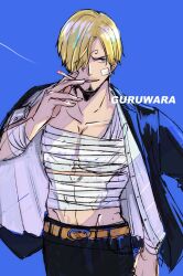 1boy bandages bandaid bandaid_on_face blonde_hair blue_background chain cigarette commentary_request cowboy_shot curly_eyebrows facial_hair goatee hair_over_one_eye highres holding holding_cigarette jacket jacket_on_shoulders looking_to_the_side male_focus mustache one_piece rico_opps sanji_(one_piece) short_hair simple_background smoking solo