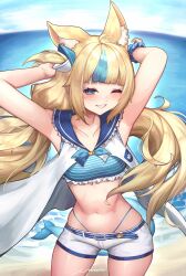 1girl ;d absurdres ahoge animal_ear_fluff animal_ears armpits arms_behind_head arms_up beach bikini bikini_under_clothes blonde_hair blue_bikini blue_bow blue_eyes blue_hair blue_sailor_collar blunt_bangs bow cat_ears commentary day dress english_commentary fins fish_girl fish_tail frilled_bikini frilled_sailor_collar frills grin hair_bow highleg highleg_bikini highres indie_virtual_youtuber lifebuoy_hair_ornament long_hair looking_at_viewer low_twintails multicolored_hair navel ocean one_eye_closed one_side_up open_mouth outdoors sailor_collar sailor_dress sameko_saba scrunchie short_shorts shorts sleeveless sleeveless_dress smile solo stomach streaked_hair striped_bikini striped_clothes swimsuit tail twintails umamii very_long_hair virtual_youtuber white_dress white_hair white_shorts wrist_scrunchie