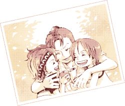 3girls aged_down bad_id bad_pixiv_id bellemere child conomi_islands east_blue family female_focus food fruit futomaki happy headband hug map mohawk monochrome multiple_girls nami_(one_piece) nojiko_(one_piece) one_piece orange_(fruit) orchard photo_(object) ponytail scroll sepia siblings sister sisters smile tree