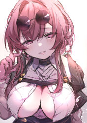 1girl breasts cleavage collared_shirt eyewear_on_head gloves highres honkai:_star_rail honkai_(series) kafka_(honkai:_star_rail) long_hair looking_at_viewer open_clothes open_shirt red_eyes red_gloves red_hair round_eyewear shirt solo straight-on sunglasses upper_body white_shirt yaki_ringo1