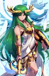 1girl absurdres arm_shield armlet dress green_eyes green_hair highres holding holding_staff jesse_schickler jewelry kid_icarus kid_icarus_uprising long_hair looking_at_viewer nintendo palutena parted_lips solo staff strapless strapless_dress very_long_hair white_dress