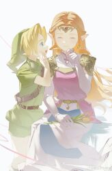 1boy 1girl absurdres armor belt blonde_hair blue_eyes boots bridal_gauntlets brown_belt chinese_commentary closed_eyes commentary_request dress earrings feet_out_of_frame flower gloves green_hat green_tunic hand_on_lap hat highres holding holding_flower jewelry link long_dress nintendo orange_hair pants pauldrons pink_dress pointy_ears princess_zelda short_sleeves shoulder_armor shoulder_belt sitting smile the_legend_of_zelda the_legend_of_zelda:_ocarina_of_time tiara time_paradox triforce tulip tunic whispering white_background white_dress white_gloves white_pants young_link yun_(dl2n5c7kbh8ihcx)