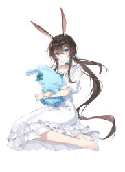 1girl amiya_(arknights) animal_ears arknights barefoot blue_collar blue_eyes brown_hair chenmu_sora closed_mouth collar collarbone dress feet frilled_dress frills full_body hair_between_eyes hair_tie highres holding holding_stuffed_toy light_blush long_hair looking_at_viewer ponytail puffy_short_sleeves puffy_sleeves short_sleeves simple_background sitting smile solo stuffed_animal stuffed_toy toes white_background white_dress