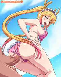 1boy 1girl anal ass beach bikini bikini_bottom_aside blonde_hair blush cleft_of_venus clothed_sex clothing_aside dark-skinned_male dark_skin day erection hetero highres horns kobayashi-san_chi_no_maidragon long_hair outdoors penis pink_bikini pussy red_eyes reit saliva sex smile solo_focus standing swimsuit tears tohru_(maidragon) uncensored very_long_hair