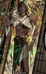 Rule 34 | 1boy, abs, absurdres, armlet, bare shoulders, belly chain, black hair, bottle, bracelet, bracer, capelet, chain, chain necklace, chinese commentary, closed mouth, crop top, curtained hair, dark-skinned male, dark skin, earrings, error: weibuzudao, fanta (error: weibuzudao), feet out of frame, gem, gladiator sandals, gold bracelet, gold choker, gold earrings, hair between eyes, happy birthday, highres, holding, holding scroll, hood, hood down, hooded shirt, jewelry, ji zi huai, ladder, leaf earrings, lips, long hair, male focus, midriff, multiple necklaces, necklace, pectorals, pelvic curtain, pendant, plant, removing hood, sandals, scroll, see-through capelet, see-through clothes, shelf, shirt, single bare leg, sky, sleeveless, sleeveless shirt, smile, standing, thigh strap, very dark skin, vines, watermark, watermark grid, weibo watermark, white shirt, wind chime, yellow eyes, yellow sky