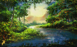 Rule 34 | bilingual commentary, commentary, english commentary, evening, forest, jachrysant, mixed-language commentary, nature, no humans, original, outdoors, pixel art, scenery, sky, stream, sunlight, sunset, tree
