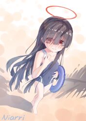 1girl absurdres artist_name bare_arms bare_legs barefoot beach black_hair black_one-piece_swimsuit blue_archive blush chinese_commentary commentary_request competition_school_swimsuit covered_navel eyes_visible_through_hair from_above hair_over_eyes halo hand_on_own_chest highres innertube justice_task_force_member_(blue_archive) long_hair looking_at_viewer niarri nose_blush one-piece_swimsuit outdoors red_eyes red_halo school_swimsuit shadow shy solo standing straight_hair swim_ring swimsuit traditional_halo tree_shade trinity_general_school_swimsuit walking