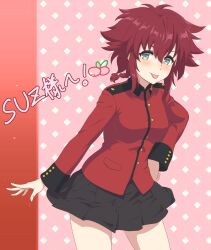 Rule 34 | 1girl, absurdres, ada badguy, blue eyes, blush, breasts, closed mouth, cranberry (girls und panzer), girls und panzer, hand on own hip, highres, looking at viewer, medium breasts, messy hair, military uniform, miniskirt, red hair, short hair, simple background, skirt, smile, solo, st. gloriana&#039;s military uniform, tongue, tongue out
