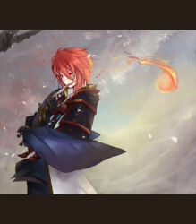 1boy armor black_gloves cherry_blossoms closed_mouth commentary_request fire fireball gloves grey_sky hair_between_eyes japanese_armor kagerou_(ragnarok_online) kote kurokote letterboxed long_bangs looking_afar male_focus orange_eyes orange_hair petals pyrokinesis ragnarok_online shirt short_hair sky solo upper_body wane_(ruki) white_shirt