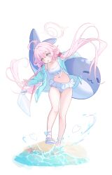 Rule 34 | 1girl, absurdres, bikini, blue archive, blue eyes, blue jacket, breasts, gyuromi158, halo, heterochromia, highres, hoshino (blue archive), hoshino (swimsuit) (blue archive), jacket, long hair, navel, pink hair, pink halo, small breasts, solo, swimsuit, thighs, twintails, white bikini, yellow eyes