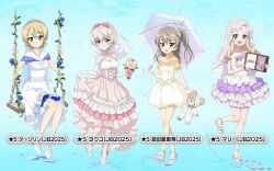 4girls anklet bare_legs bare_shoulders blonde_hair blue_background blue_eyes blue_flower blue_rose blue_trim blush boko_(girls_und_panzer) bouquet bow box braid breasts bridal_gauntlets bridal_veil brown_eyes brown_hair butterfly_hair_ornament character_name choker cleavage collarbone corset darjeeling_(girls_und_panzer) dress drill_hair expressionless flower frilled_dress frills full_body girls_und_panzer girls_und_panzer_senshadou_daisakusen! gradient_background green_eyes hair_between_eyes hair_bow hair_ornament high_heels highres holding holding_bouquet holding_box holding_teddy_bear holding_umbrella hydrangea jewelry lace lace-trimmed_dress lace_trim layered_dress legs long_dress long_hair long_sleeves looking_at_viewer marie_(girls_und_panzer) medium_hair multiple_girls necklace official_art on_swing one_side_up open_mouth pink_bow pink_dress pink_flower pink_rose plant platform_heels puddle purple_dress purple_flower purple_rose rain rose see-through_clothes see-through_sleeves shimada_arisu shoes short_dress short_hair short_sleeves sitting skirt_hold smile splashing standing standing_on_one_leg strapless strapless_dress swing thighs tiara translated transparent transparent_umbrella umbrella veil vines walking water water_drop wedding_dress white_dress white_flower white_shoes yellow_bow yellow_dress youko_(girls_und_panzer)
